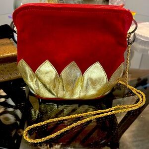 Friitala red suede shoulder evening bag, gold leather detail and gold strap